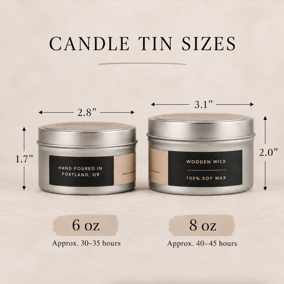 Candle tin sizes. A 6 oz in measures 1.7 inches tall by 2.8 inches wide. An 8 oz candle tine measures 2 inches tall by 3.1 inches wide.