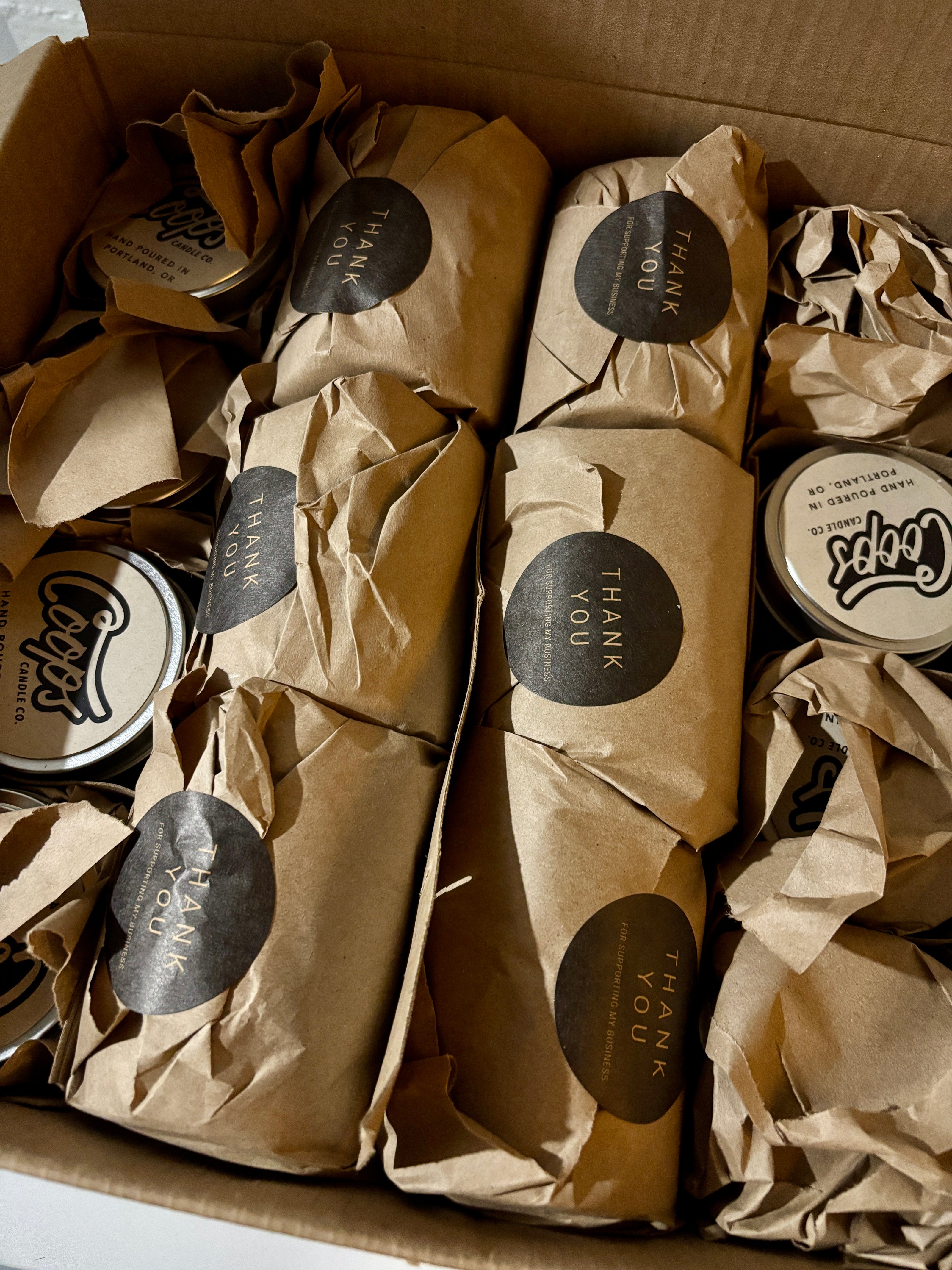 Coops Candles wrapped and packaged